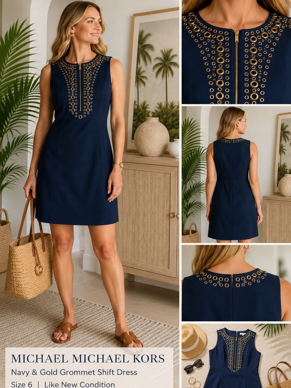 Michael Michael Kors Navy Gold Grommet Shift Dress Size 6 Coastal Quiet Luxury